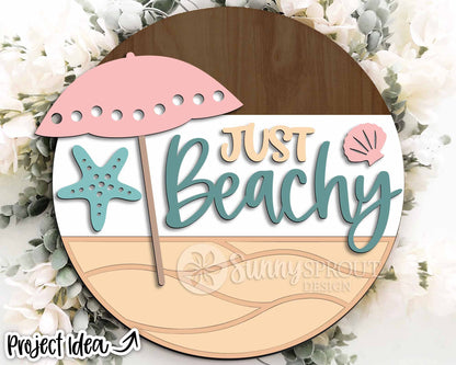 Just Beachy Umbrella Sign, Digital download, SVG Laser cut file, Cricut, Round door hanger wall art design, Ocean coastal decor