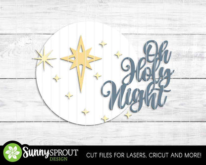 Oh Holy Night Star of Bethlehem Sign, Digital Download, SVG Laser Cut File, Cricut, Round Door Hanger Design, Christmas Decor