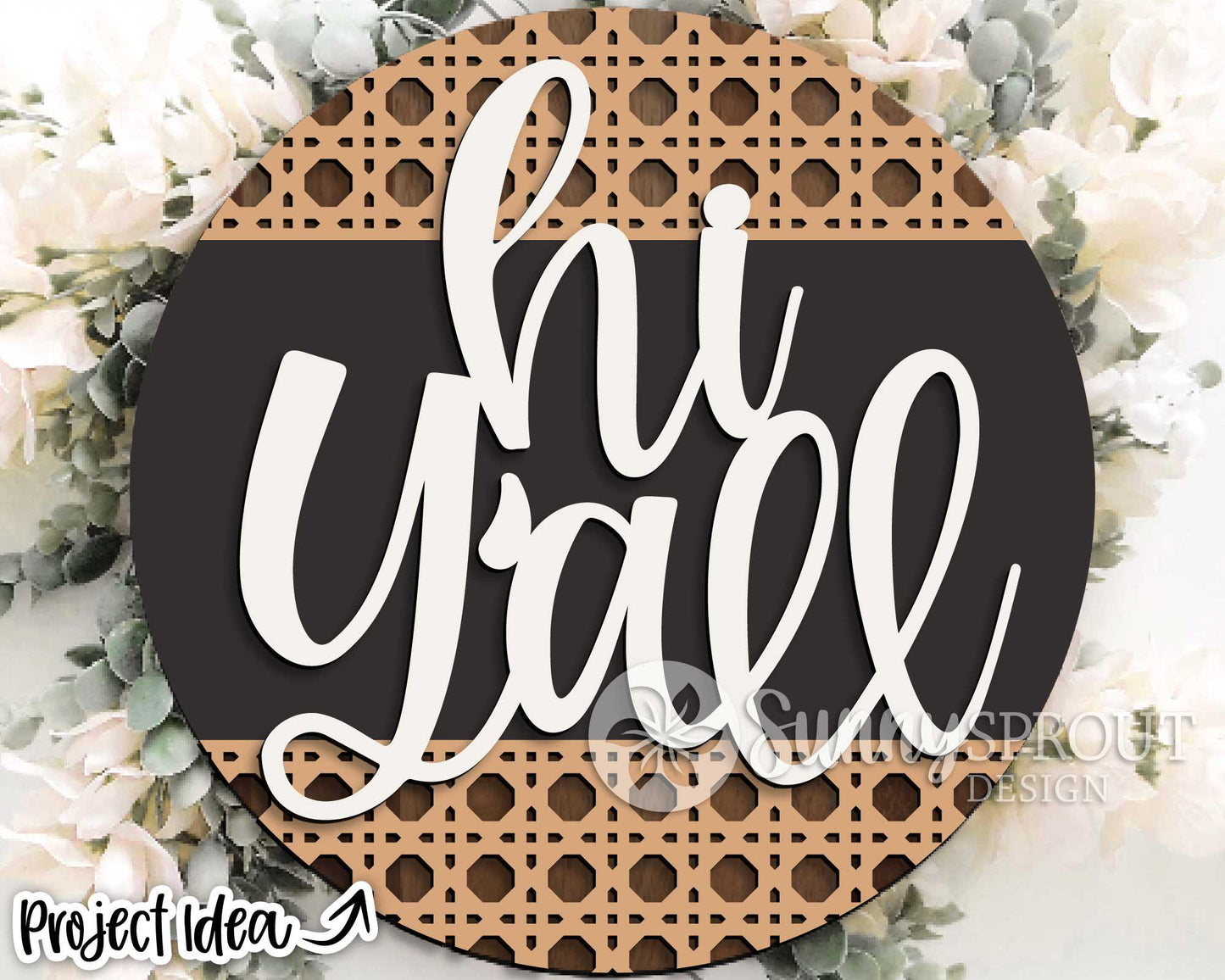 Hi Y'all Rattan Sign, Digital Download, SVG Laser Cut File, Cricut, Modern Farmhouse Round Door Hanger Design