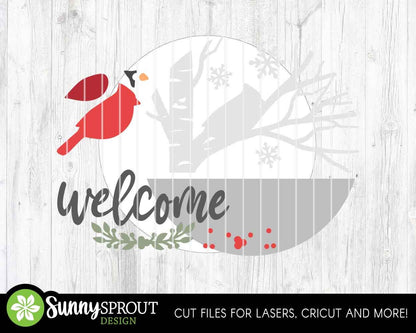 Welcome Cardinal Birch Tree Sign, Round door hanger, Glowforge laser file, Cricut, Christmas holiday decor, Winter sign