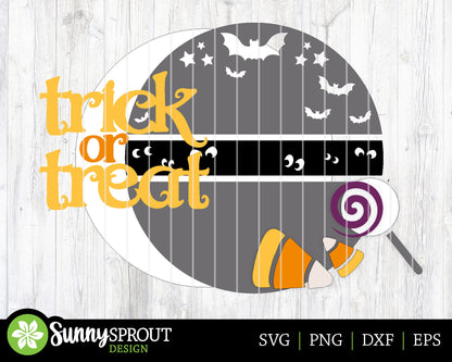 Trick Or Treat Candy Bats Sign, Digital Download, SVG Laser Cut File, Cricut, Round Halloween Door Hanger Design