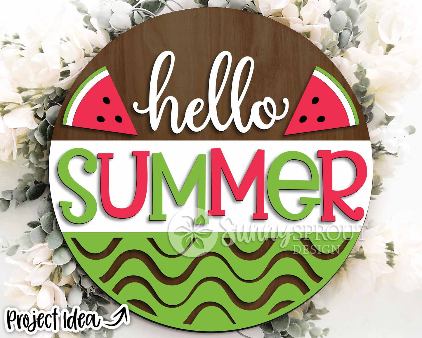 Hello Summer Watermelon Sign, Digital Download, SVG Laser Cut File, Round Door Hanger Design