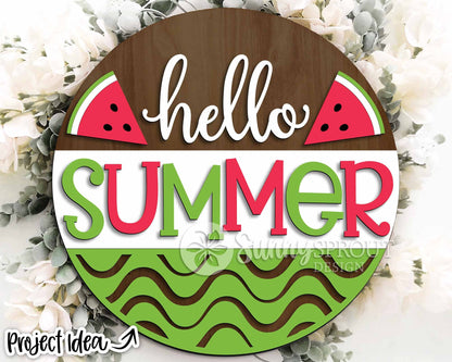 Hello Summer Watermelon Sign, Digital Download, SVG Laser Cut File, Round Door Hanger Design