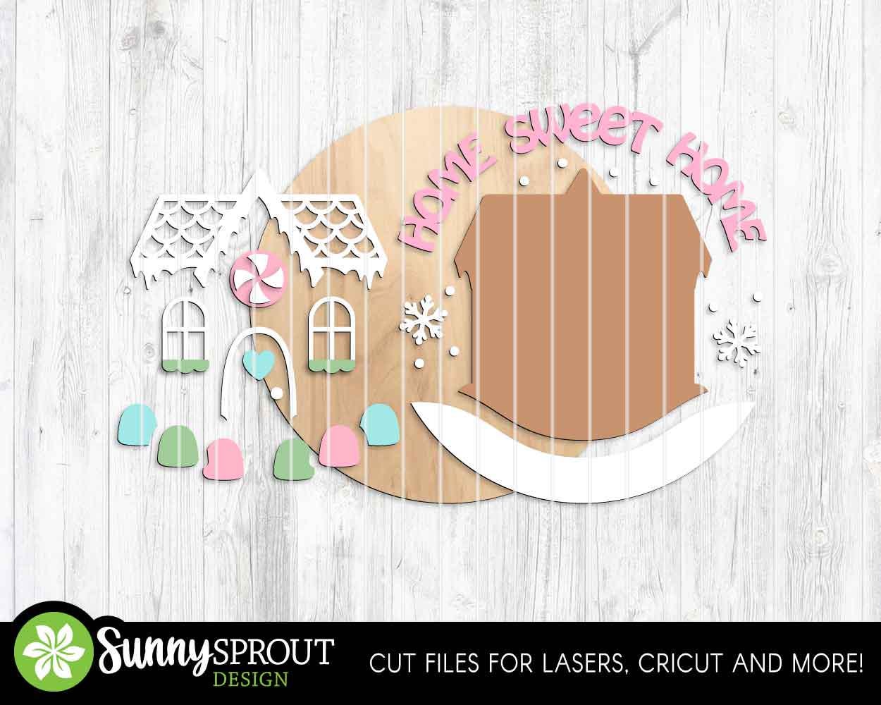 Home Sweet Home Gingerbread House Sign, Digital Download, SVG Laser Cut File, Cricut, Round Door Hanger Design, Christmas Decor