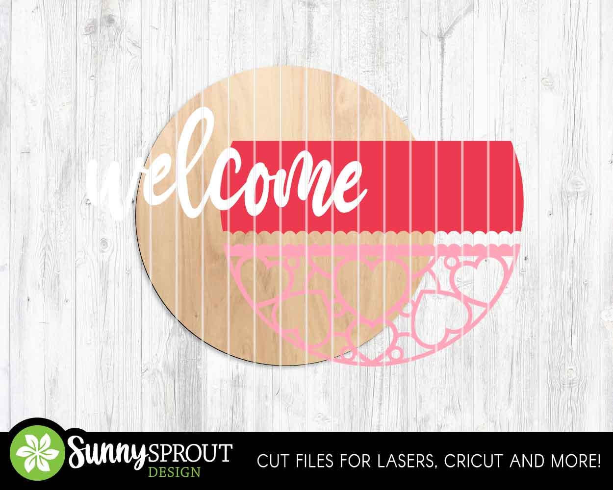 Welcome Heart Pattern Sign, Digital Download, SVG Laser Cut File, Cricut, Round Door Hanger Design, Valentine's Day Decor
