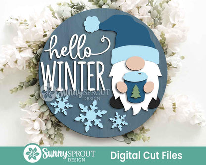 Hello Winter Gnome with Cup Sign, Round door hanger svg, Glowforge laser file, Cricut, Winter door decor, Winter welcome