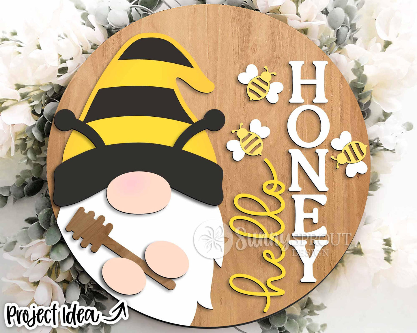 Hello Honey Bee Gnome Sign, Digital Download, SVG Laser Cut File, Cricut, Summer Round Door Hanger Design