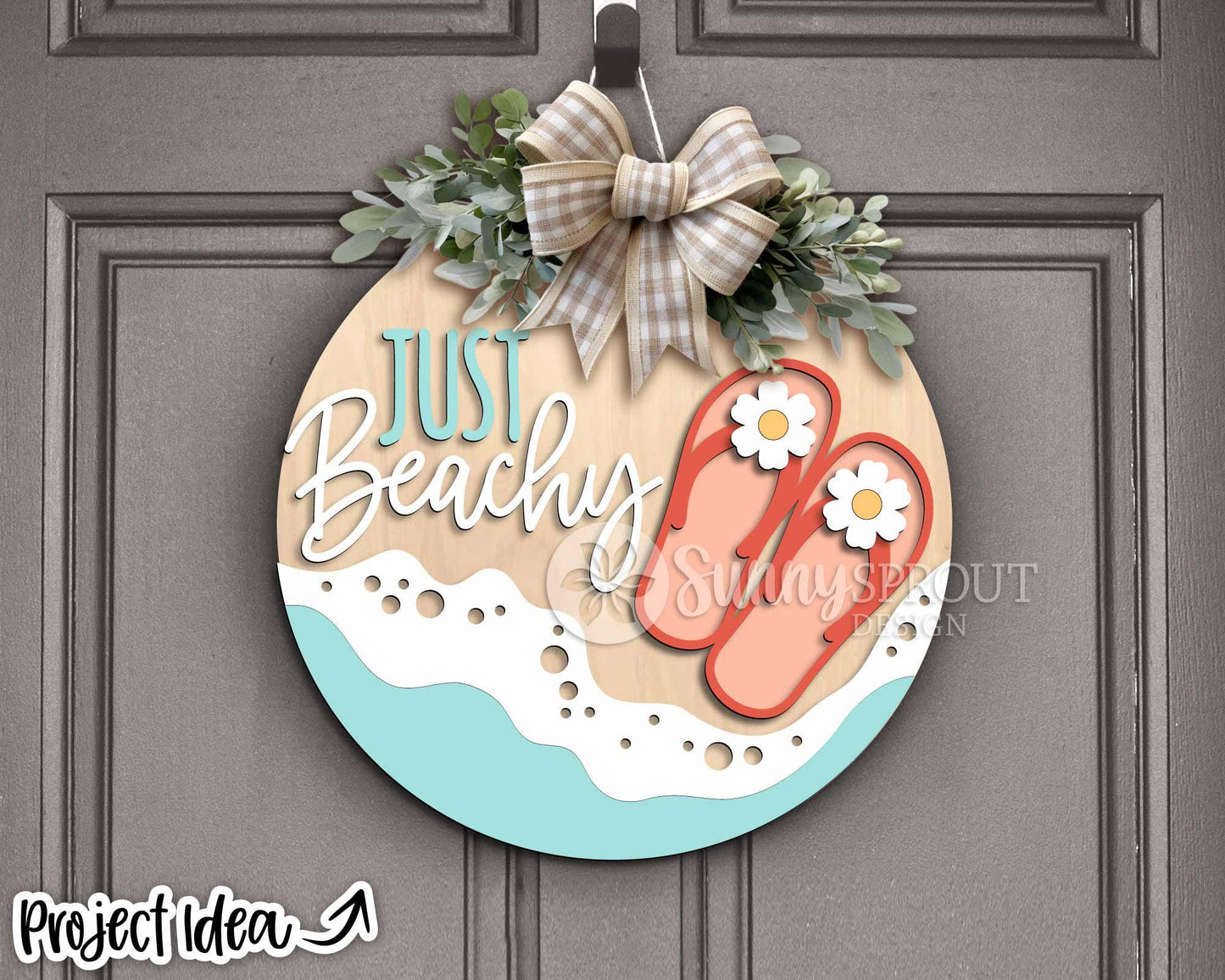 Just Beachy Flip Flops & Ocean Sign, Digital download, SVG Laser cut file, Cricut, Round door hanger wall art design, Coastal decor