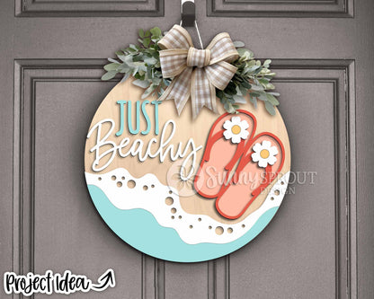 Just Beachy Flip Flops & Ocean Sign, Digital download, SVG Laser cut file, Cricut, Round door hanger wall art design, Coastal decor