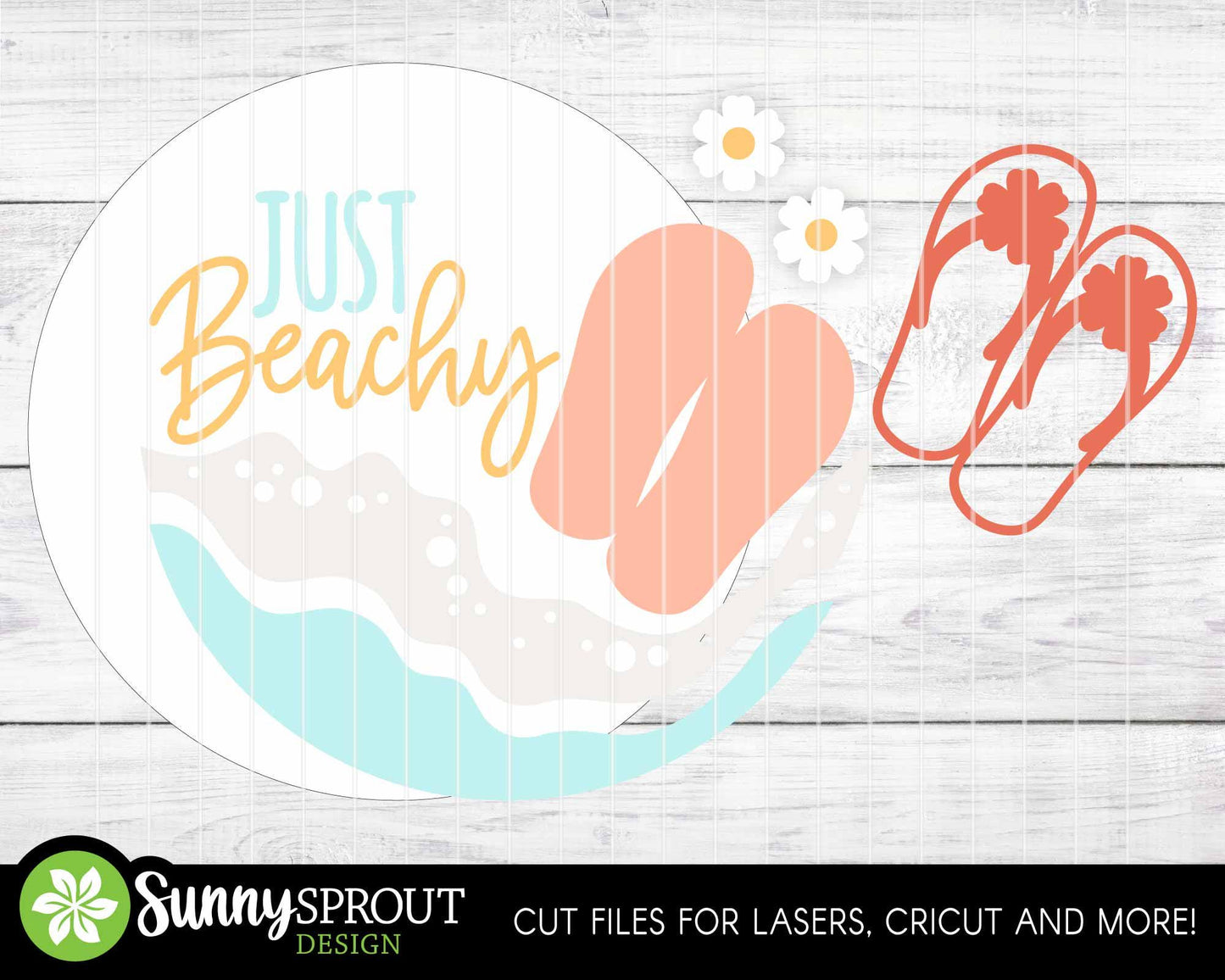 Just Beachy Flip Flops & Ocean Sign, Digital download, SVG Laser cut file, Cricut, Round door hanger wall art design, Coastal decor