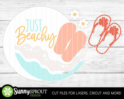 Just Beachy Flip Flops & Ocean Sign, Digital download, SVG Laser cut file, Cricut, Round door hanger wall art design, Coastal decor