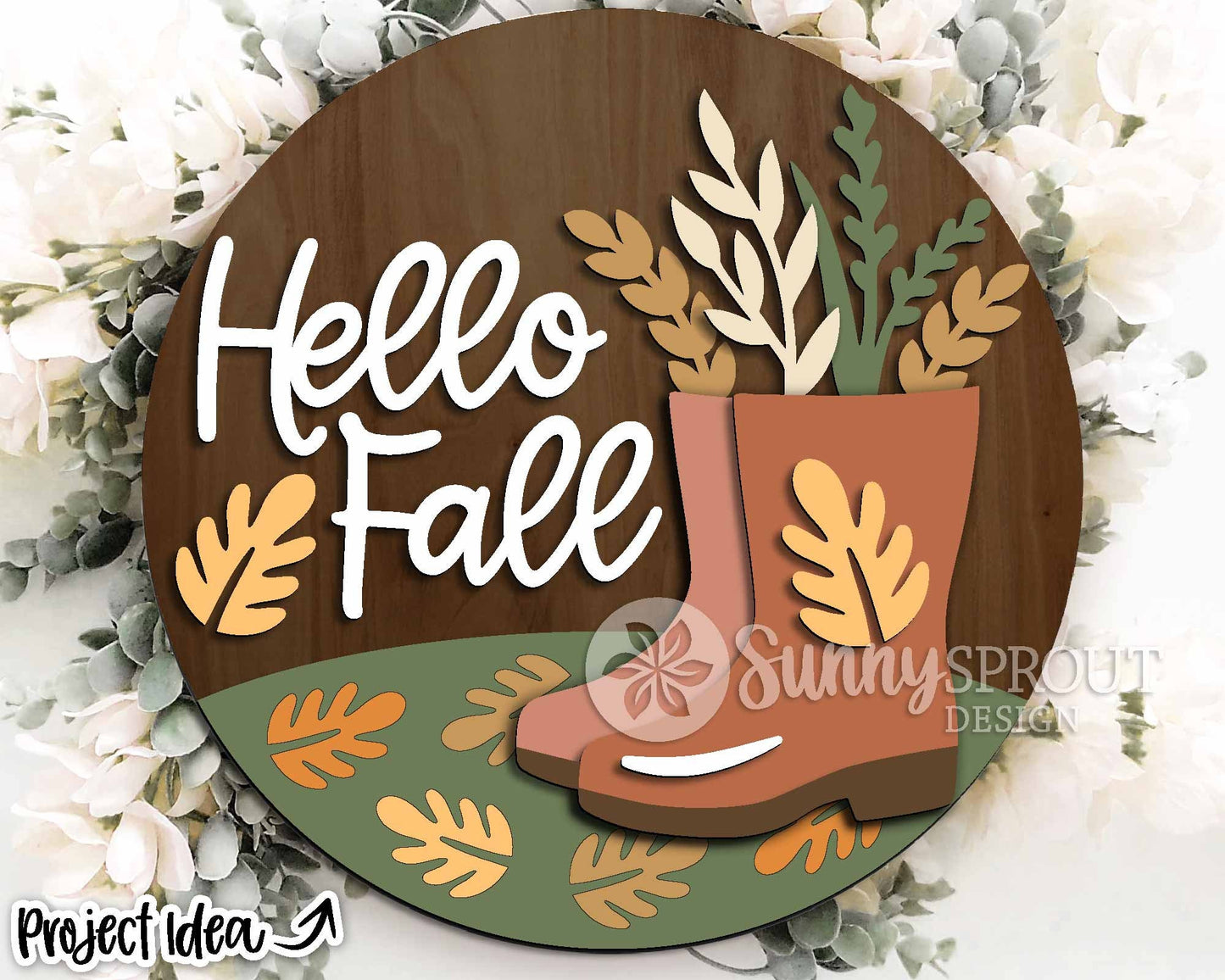 Hello Fall Boots Floral Leaf Sign, Digital Download, SVG Laser Cut File, Cricut, Round Welcome Door Hanger Design