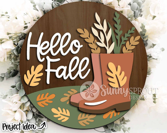 Hello Fall Boots Floral Leaf Sign, Digital Download, SVG Laser Cut File, Cricut, Round Welcome Door Hanger Design