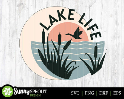 Lake Life Cattails Sign, Digital download, SVG Laser cut file, Cricut, Round door hanger design, Lake house cabin decor