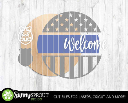 Police Badge American Flag Welcome Sign, Digital Download, Cricut, SVG Laser Cut File, Round Door Hanger Design