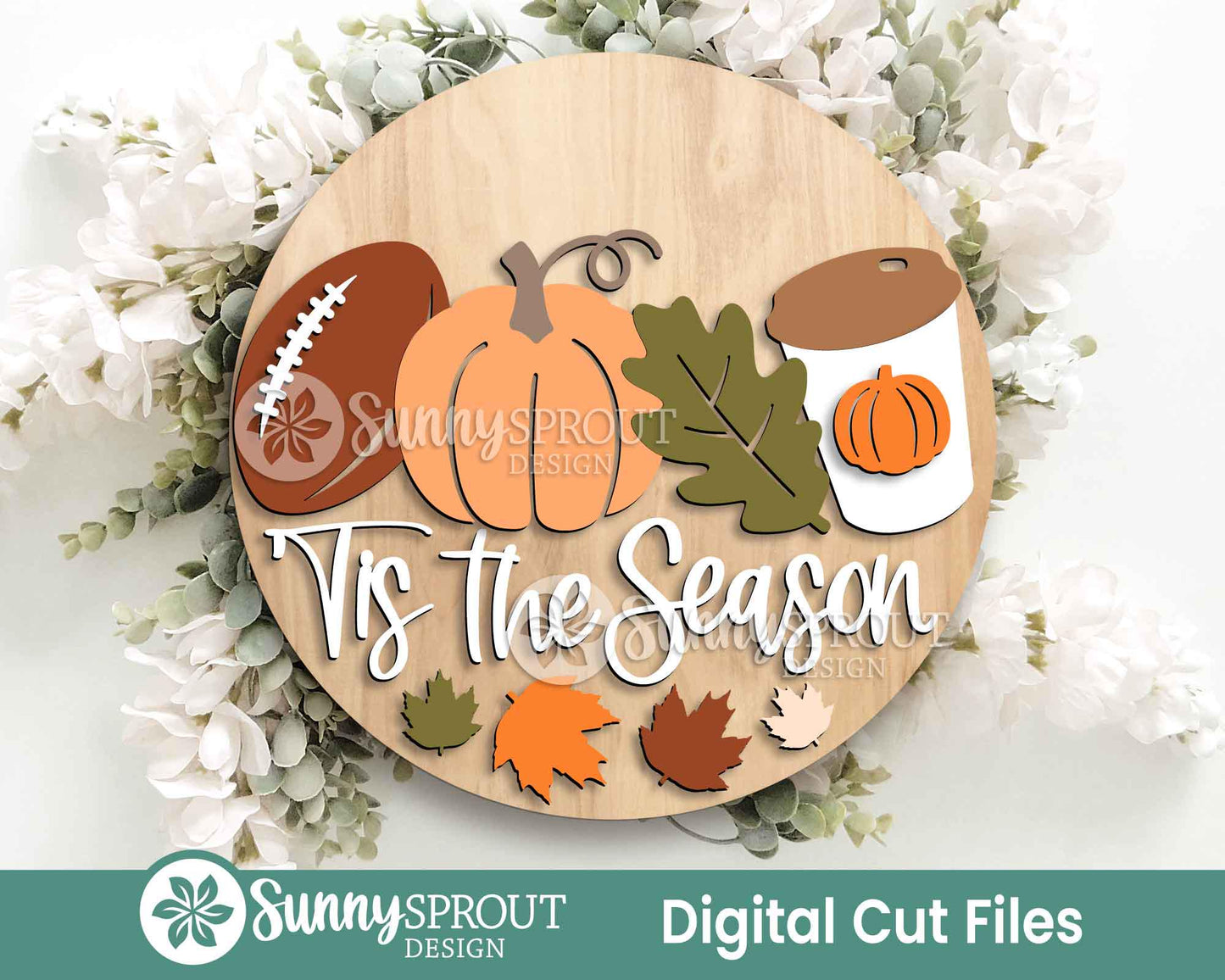Tis the Season Fall Football Latte Pumpkin Sign, Digital Download, SVG Laser Cut File, Cricut, Round Door Hanger Design