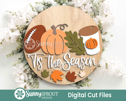 Tis the Season Fall Football Latte Pumpkin Sign, Digital Download, SVG Laser Cut File, Cricut, Round Door Hanger Design