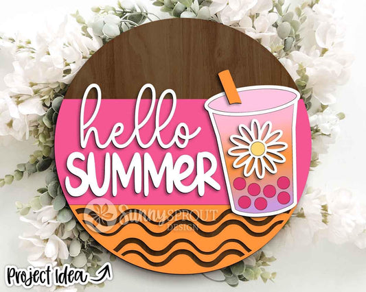 Hello Summer Boba Drink Sign, Digital Download, SVG Laser Cut File, Cricut, Round Door Hanger Design