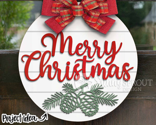 Merry Christmas Pine Branch Sign, Digital Download, SVG Laser Cut File, Cricut, Round Door Hanger Design