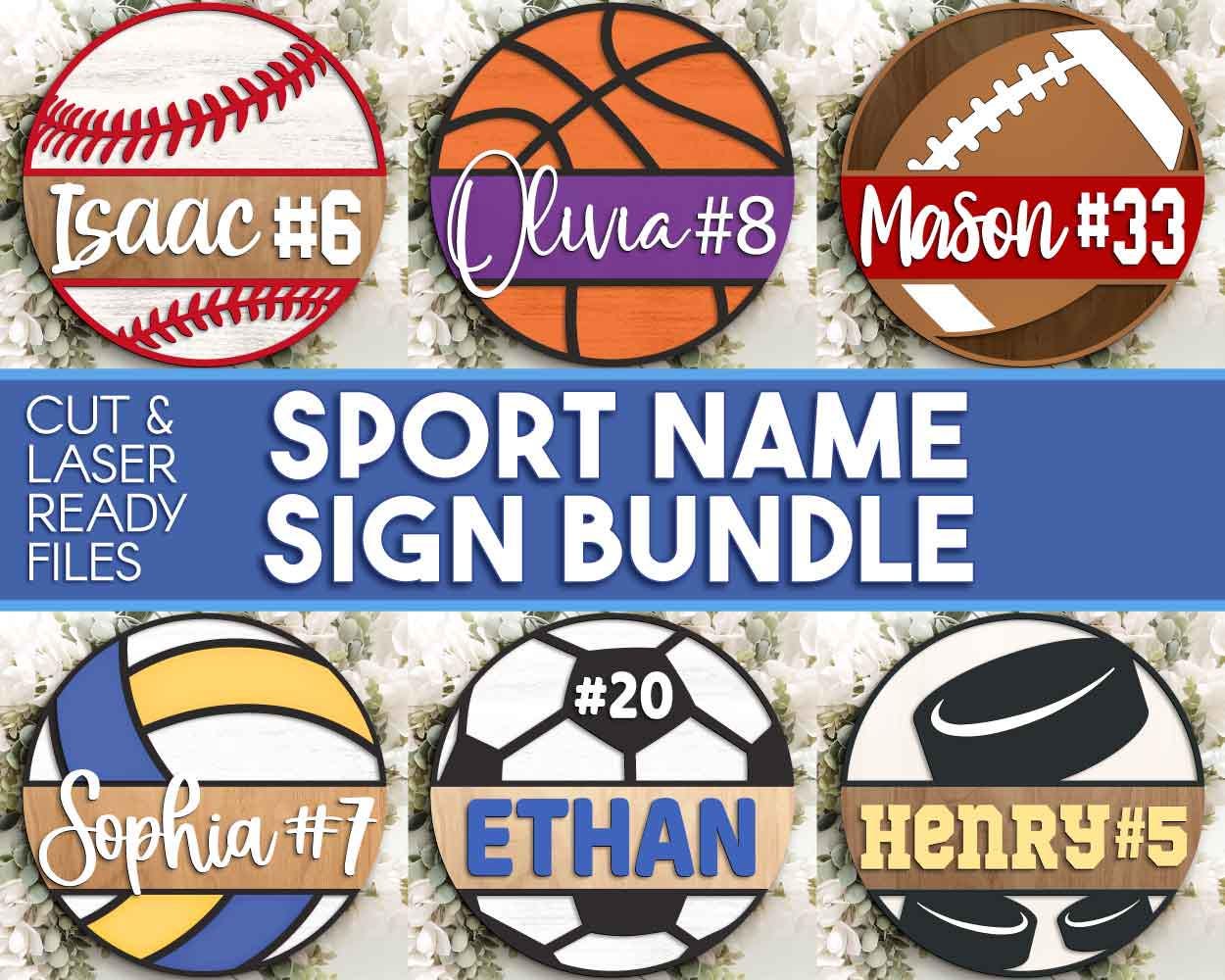 Sport Name Sign Bundle, Round door hanger svg, Glowforge laser file, Cricut, Football, Basketball, Hockey, Baseball, Personalize customize