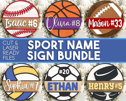 Sport Name Sign Bundle, Round door hanger svg, Glowforge laser file, Cricut, Football, Basketball, Hockey, Baseball, Personalize customize