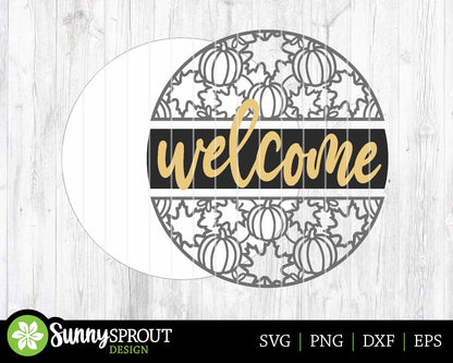 Welcome Pumpkin Leaf Pattern Sign, Digital Download, SVG Laser Cut File, Cricut, Round Fall Door Hanger Design