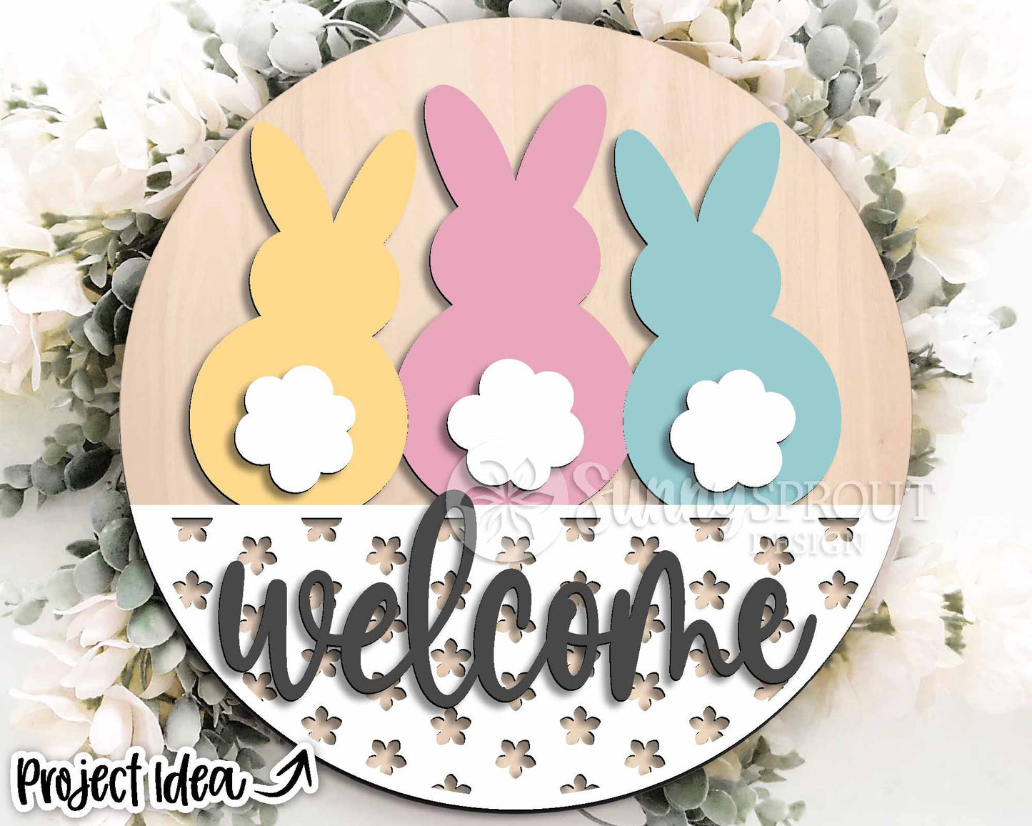 Three Bunnies Welcome Sign, Digital download, SVG Laser cut file, Cricut, Round door hanger design, Spring Easter decor