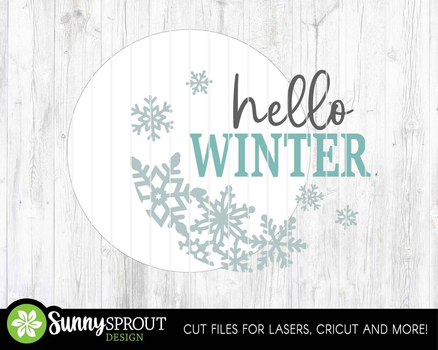 Hello Winter Snowflakes Sign, Round door hanger svg, Glowforge laser file, Cricut, Winter door decor, Winter welcome sign
