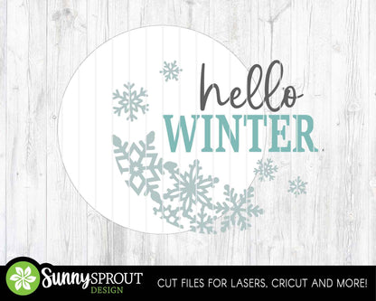 Hello Winter Snowflakes Sign, Round door hanger svg, Glowforge laser file, Cricut, Winter door decor, Winter welcome sign