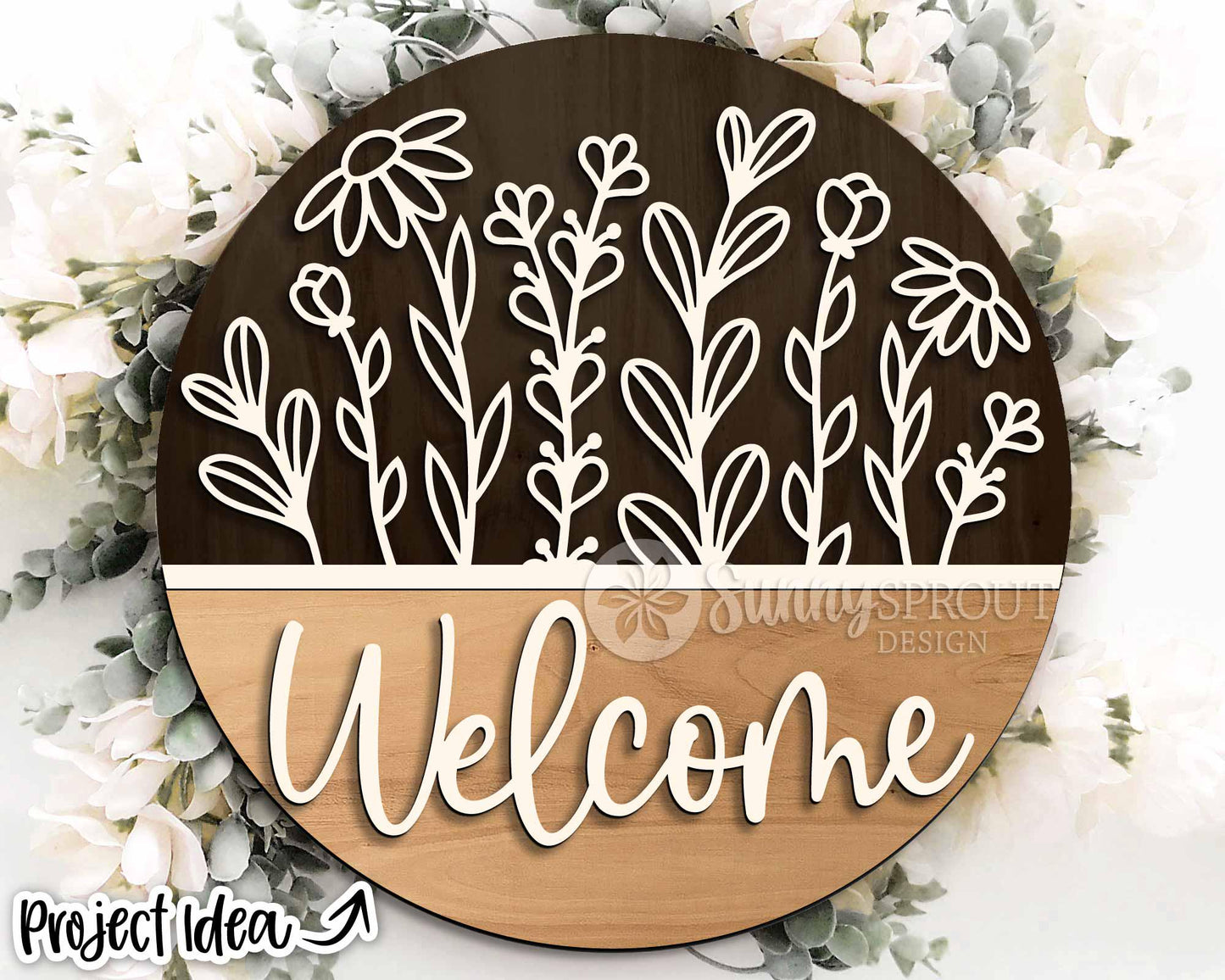 Welcome Wildflowers Sign, Digital Download, SVG Laser Cut File, Cricut, Summer Floral Round Door Hanger Design