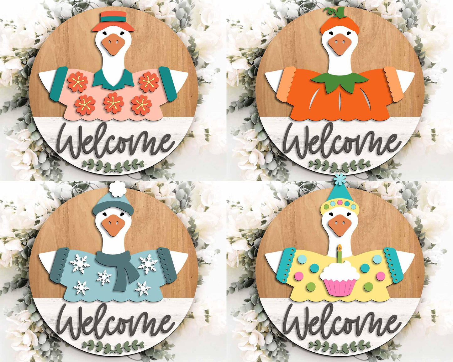 Goose Interchangeable Outfit Sign Bundle, Round door hanger svg, Glowforge laser file, Cricut, Seasonal welcome door sign