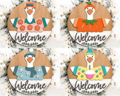 Goose Interchangeable Outfit Sign Bundle, Round door hanger svg, Glowforge laser file, Cricut, Seasonal welcome door sign