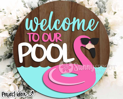 Welcome to Our Pool Flamingo Sign, Digital Download, SVG Laser Cut File, Cricut, Summer Round Door Hanger Design