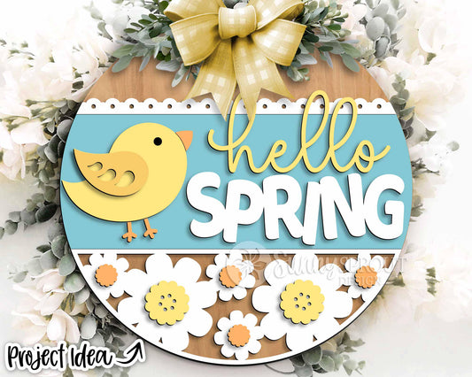 Hello Spring Chick and Daisies Sign, Digital download, SVG Laser cut file, Cricut, Round door hanger design
