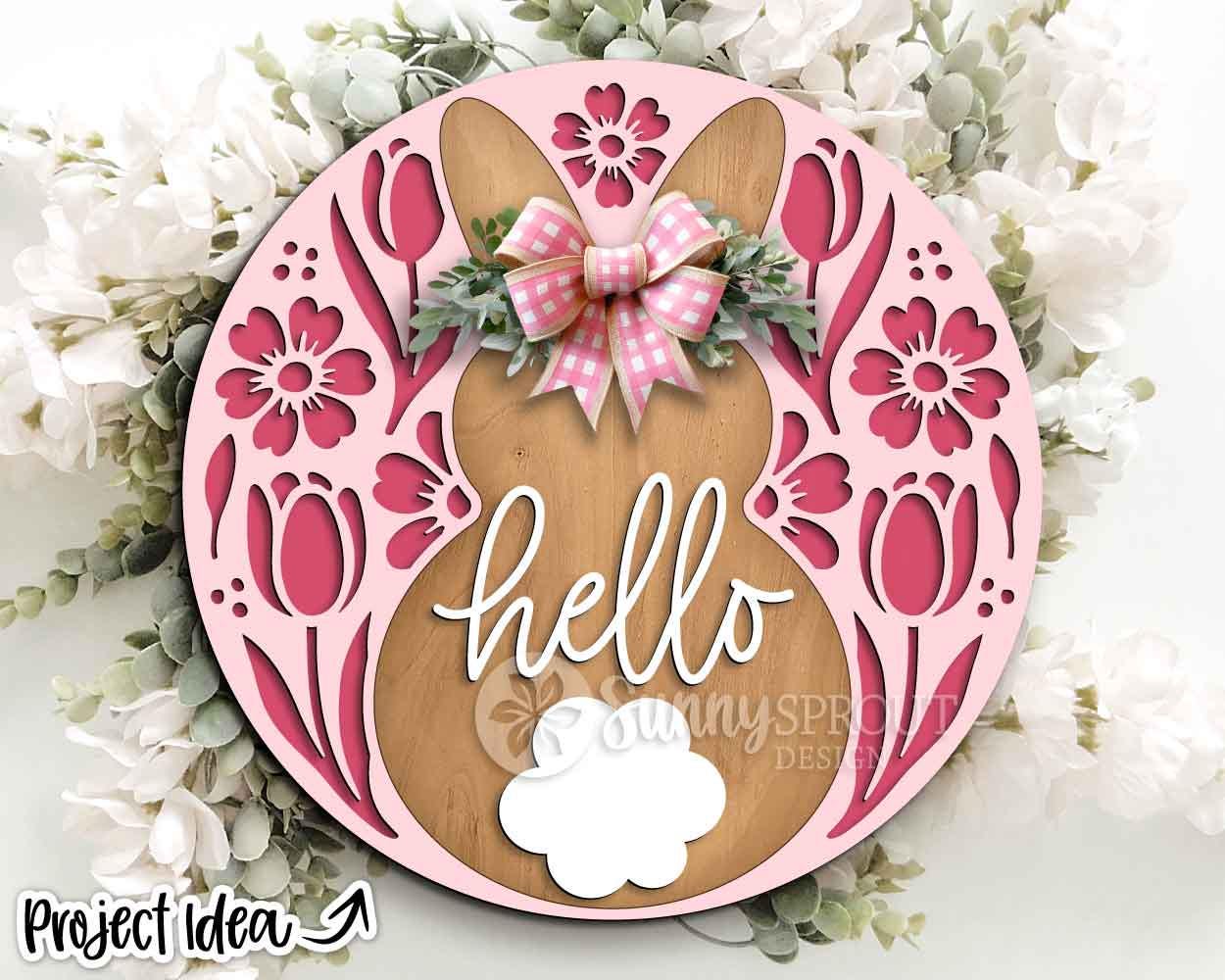 Hello Bunny Floral Pattern Sign, Digital download, SVG Laser cut file, Cricut, Round door hanger design, Spring Easter decor