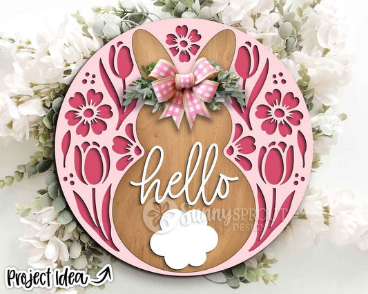 Hello Bunny Floral Pattern Sign, Digital download, SVG Laser cut file, Cricut, Round door hanger design, Spring Easter decor