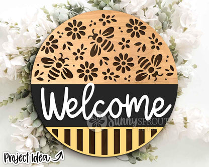 Welcome Bee & Flower Pattern Sign, Digital Download, SVG Laser Cut File, Cricut, Summer Round Door Hanger Design