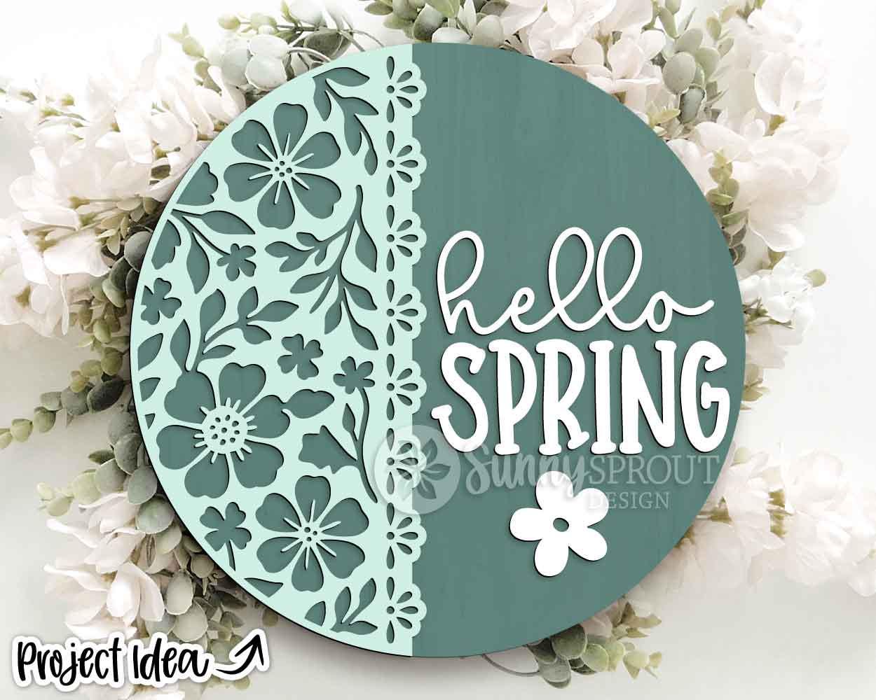 Hello Spring Floral Pattern Sign, Digital download, SVG Laser cut file, Cricut, Round door hanger design, Spring Easter decor