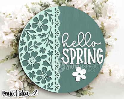 Hello Spring Floral Pattern Sign, Digital download, SVG Laser cut file, Cricut, Round door hanger design, Spring Easter decor
