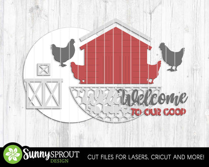 Welcome To Our Coop Barn Sign, Digital download, SVG Laser cut file, Cricut, Round door hanger design, Chicken farm decor