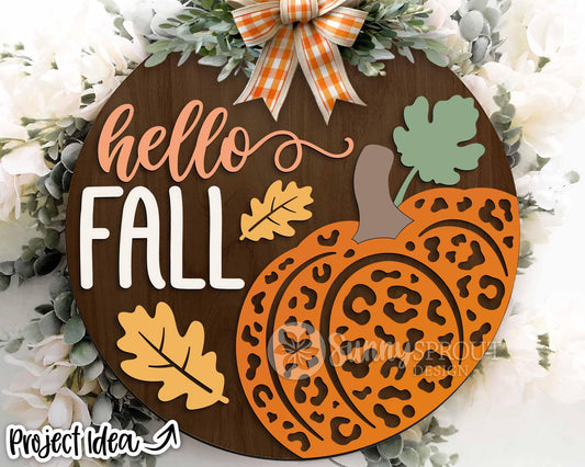 Hello Fall Leopard Print Pumpkin Sign, Digital Download, SVG Laser Cut File, Cricut, Round Door Hanger Design