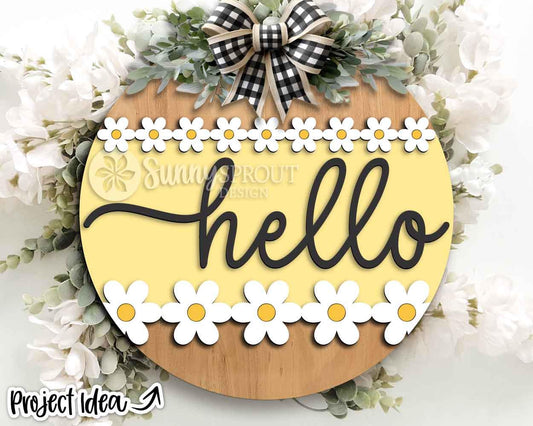 Hello Daisies Sign, Digital Download, SVG Laser Cut File, Cricut, Summer Floral Round Door Hanger Design