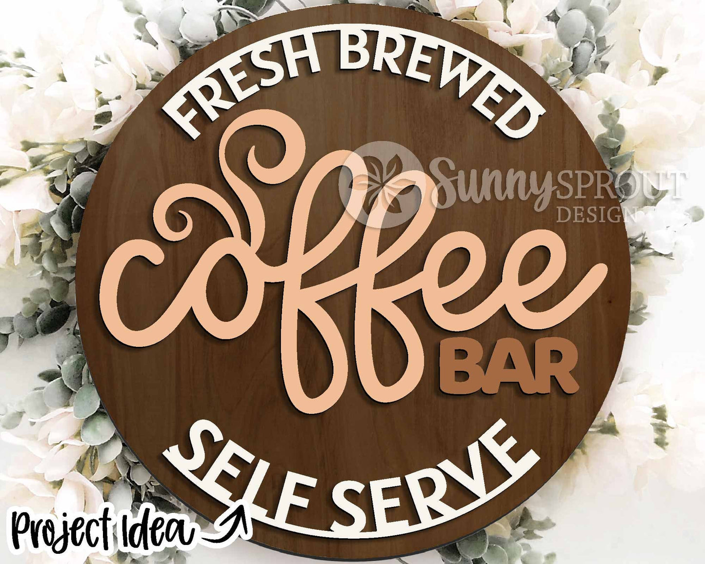Coffee Bar Fresh Brewed Self Serve Sign, Digital Download, SVG Laser Cut File, Cricut, Kitchen Office Round Door Hanger Design