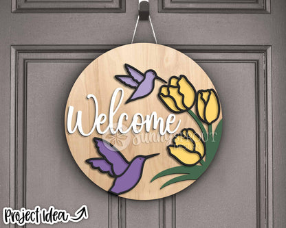Welcome Hummingbird Tulips Sign, Digital download, SVG Laser cut file, Cricut, Round door hanger design, Spring summer decor