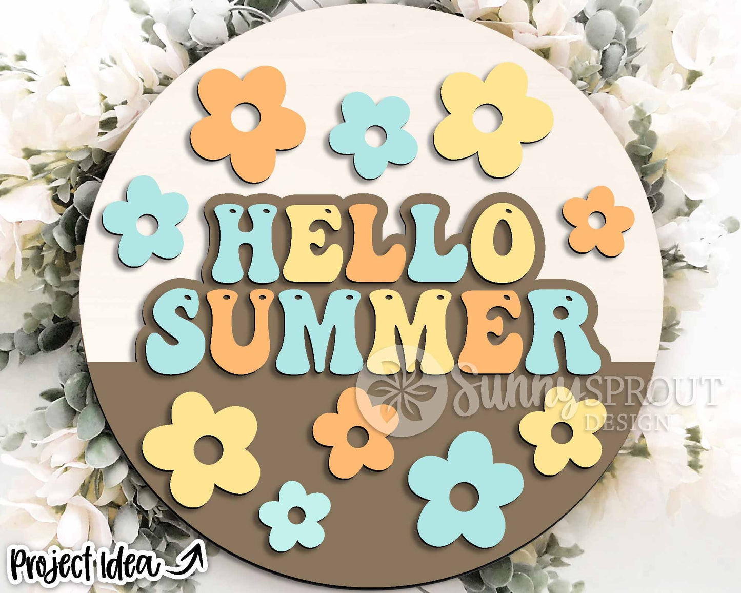 Hello Summer Retro Flower Sign, Digital Download, SVG Laser Cut File, Cricut, Round Door Hanger Design