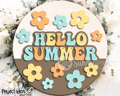 Hello Summer Retro Flower Sign, Digital Download, SVG Laser Cut File, Cricut, Round Door Hanger Design