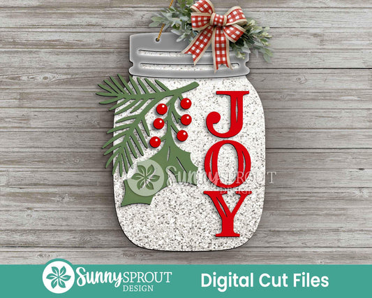 Joy Christmas Holly Mason Jar Sign, Digital download, SVG laser cut file, Cricut, Door hanger design, Farmhouse decor