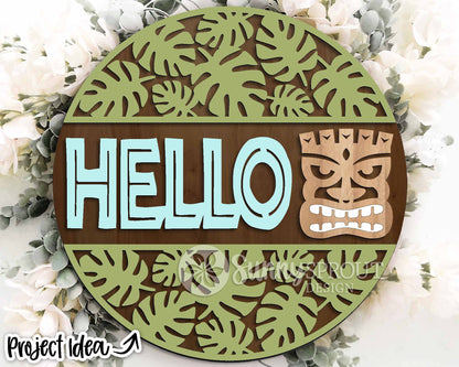 Hello Tropical Tiki Sign, Digital Download, SVG Laser Cut File, Cricut, Summer Round Door Hanger Design