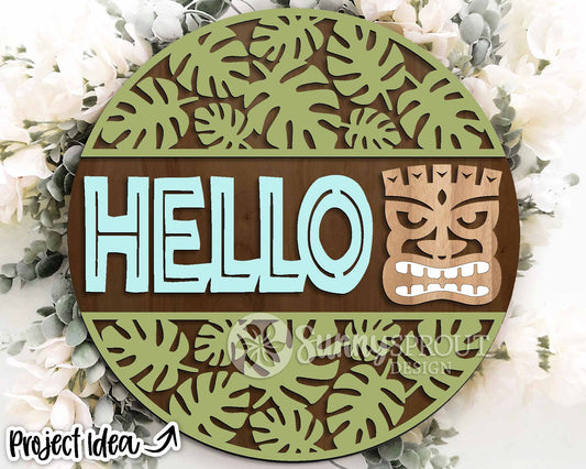 Hello Tropical Tiki Sign, Digital Download, SVG Laser Cut File, Cricut, Summer Round Door Hanger Design