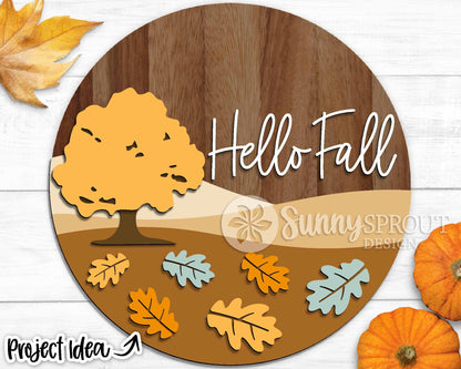Hello Fall Oak Tree Leaf Sign, Digital Download, SVG Laser Cut File, Cricut, Round Fall Welcome Door Hanger Design